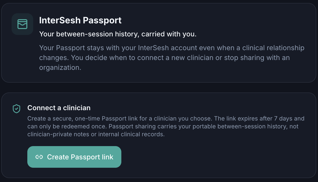 InterSesh Passport interface with the client-controlled clinician connection workflow